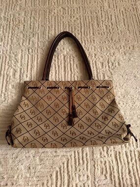 Dooney & Bourke DB Monogram Canvas Satchel Brown Leather Trim Shoulder Bag